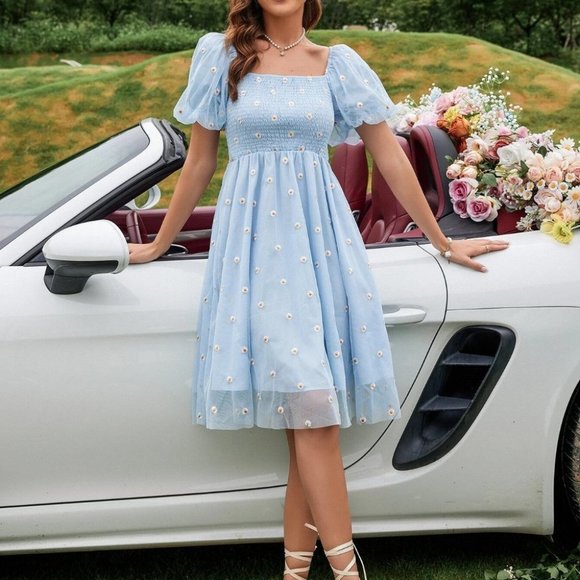 Dresses Baby Blue Boho Womens Floral Embroidery Mesh Shirred Puff